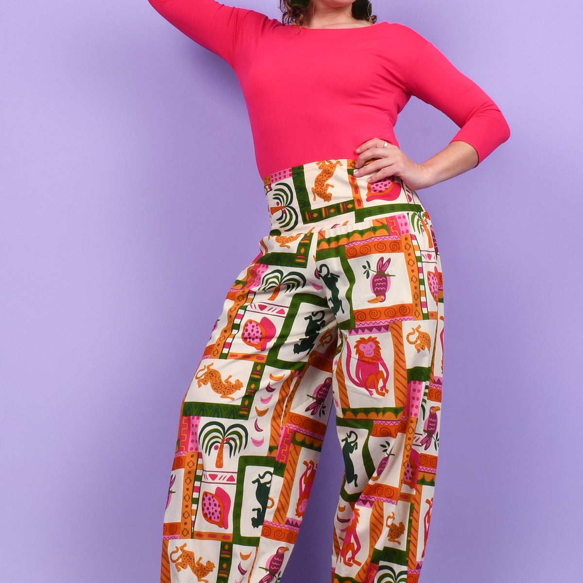 Long pants with multicolor animal patch print, elastic waistband, relaxed fit