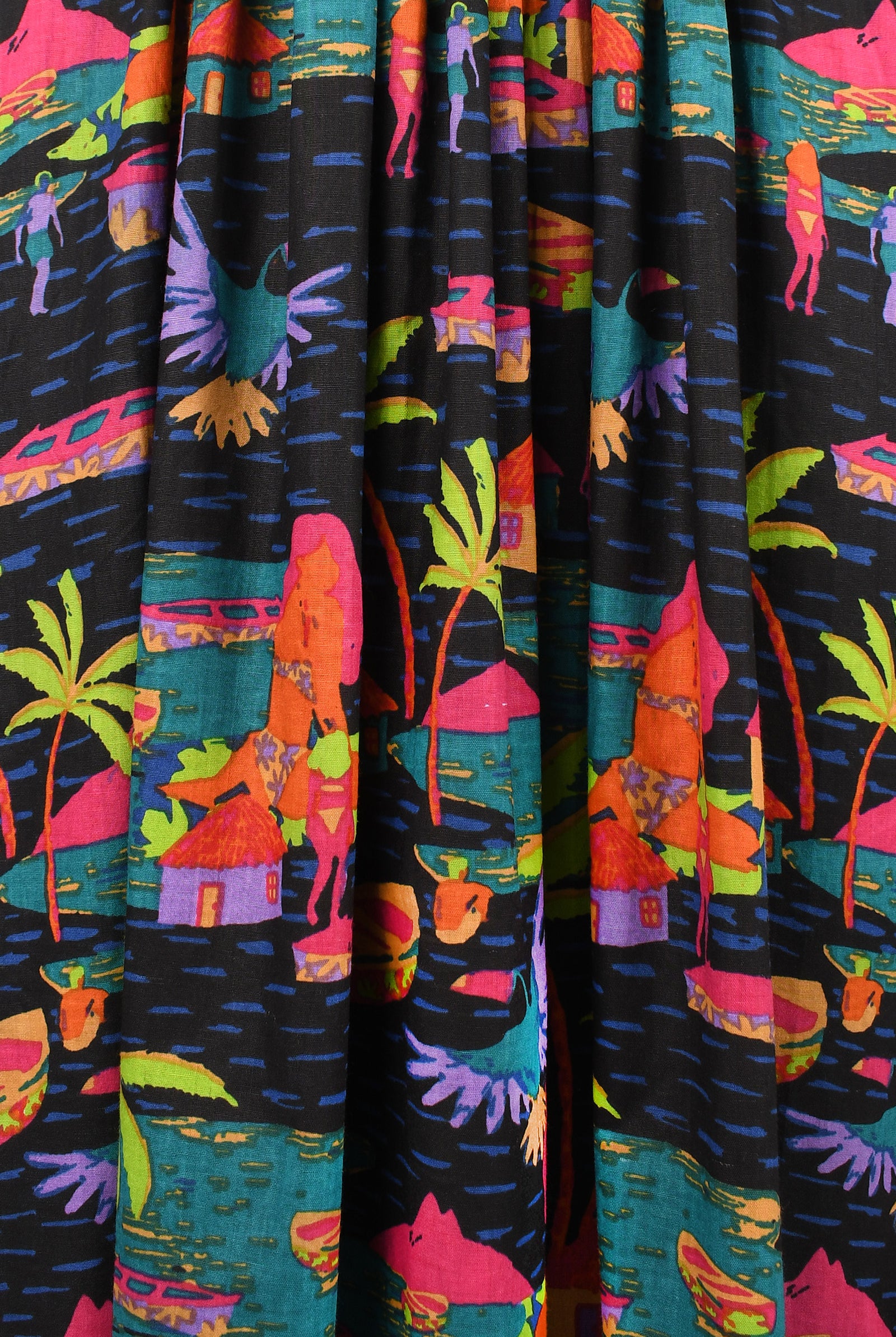 Tropical multicolor printed fabric with palm trees, houses, and stylized figures