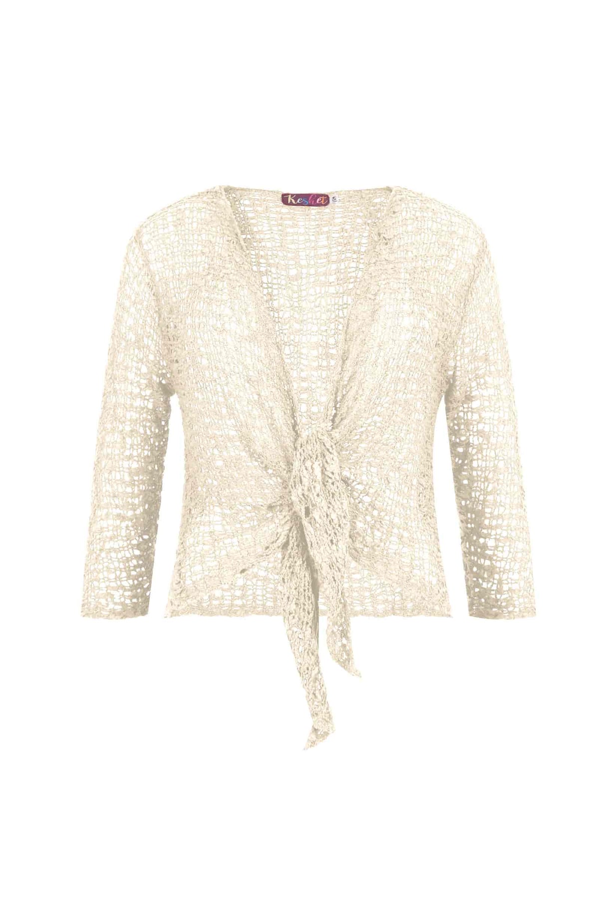 Cream popcorn jacket with V-neck, tie-front and 3/4 sleeves