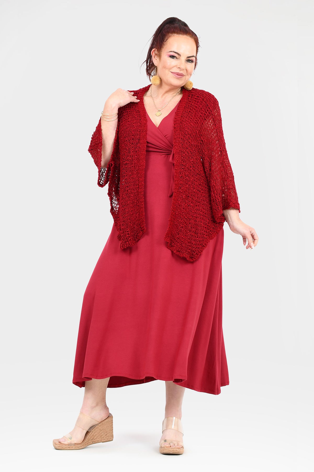 Amelie dress with knit shrug, V-neck wrap bodice, tie waist, midi skirt