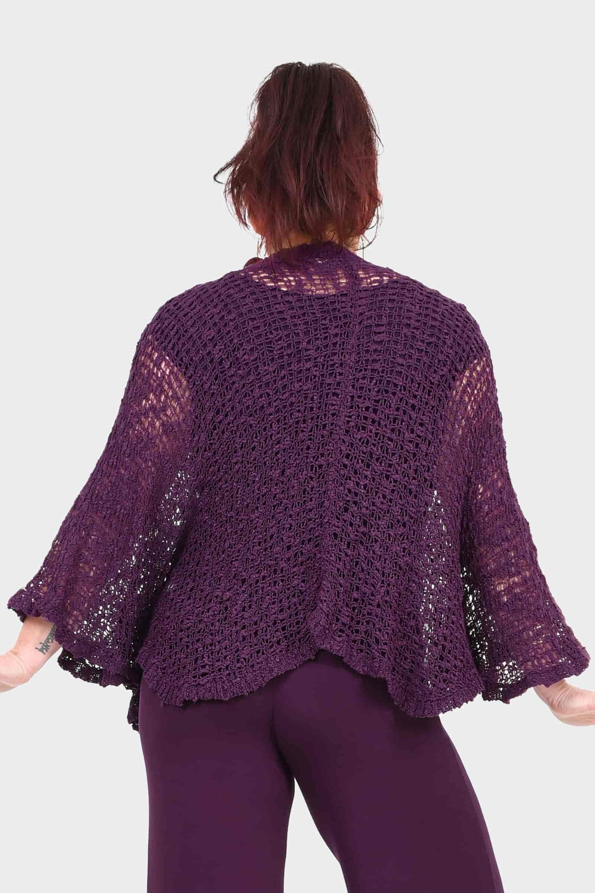 Aubergine textured knit popcorn jacket, open back with scalloped hem and flared sleeves