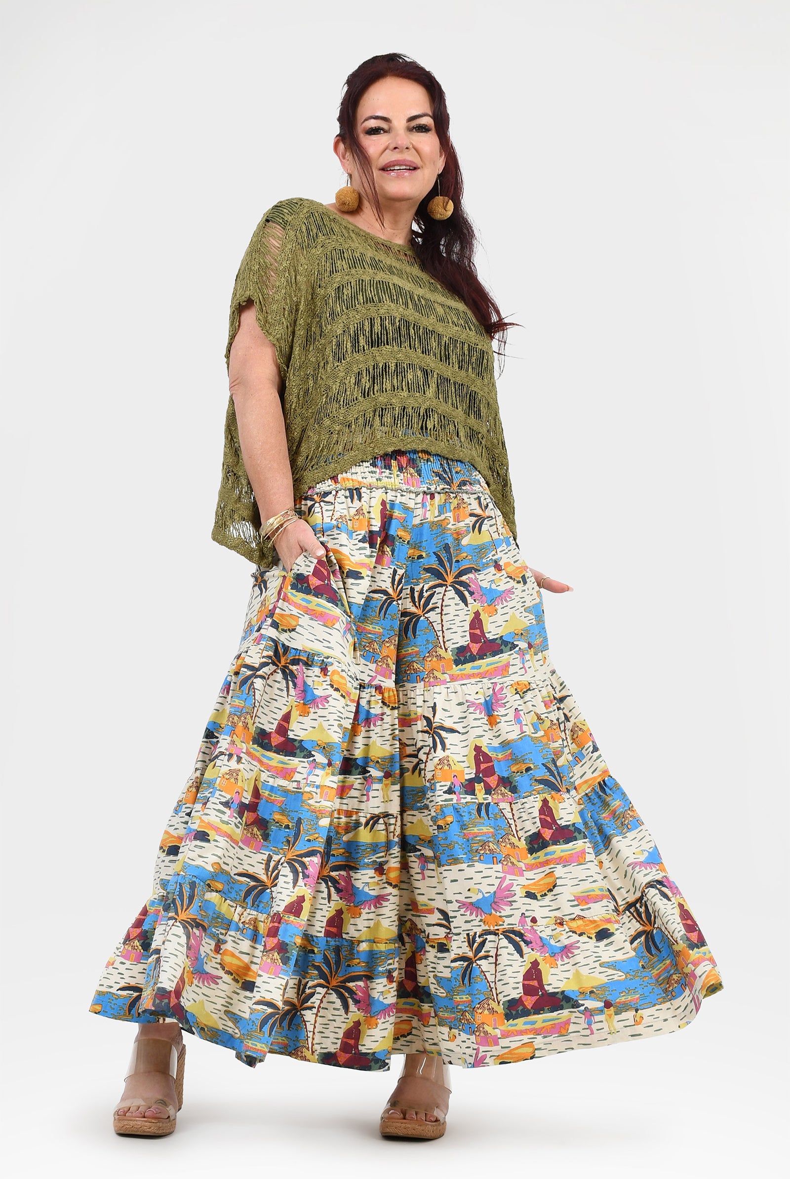 Wide-leg graphic pants, multicolor on white
