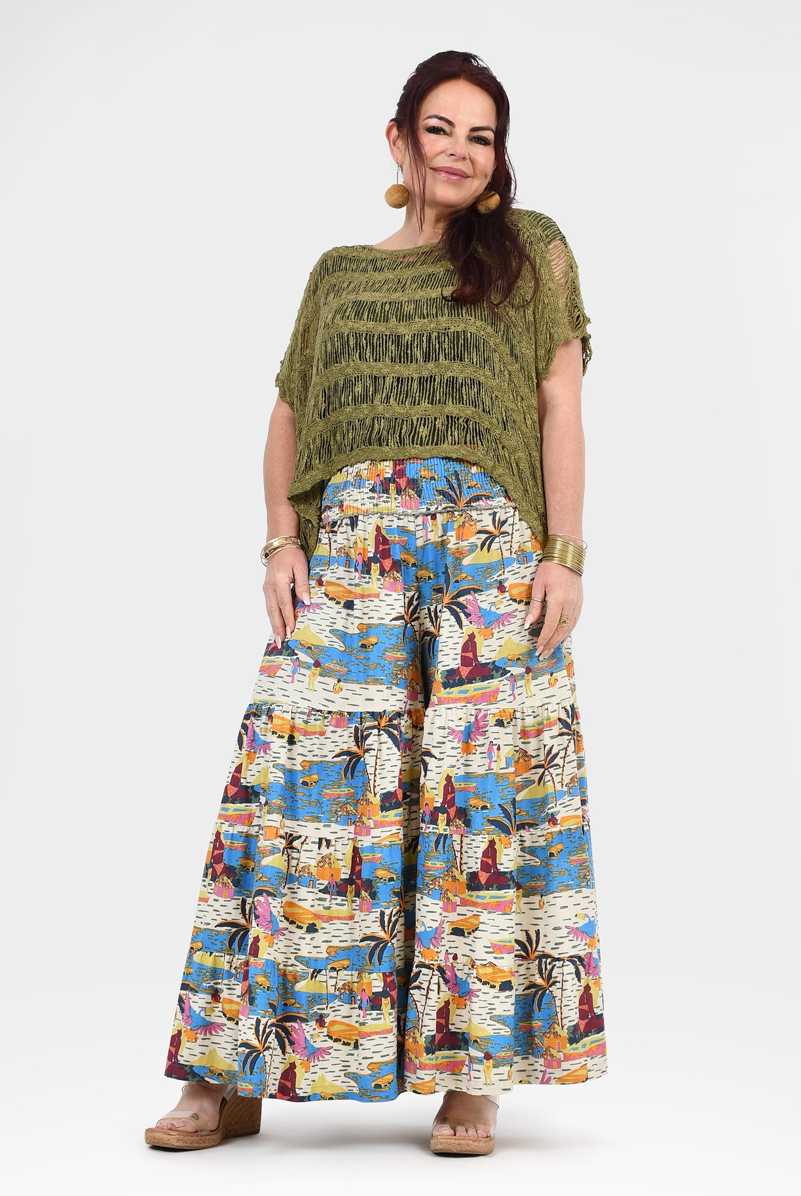 Wide-leg graphic pants, multicolor print on white with pleated legs