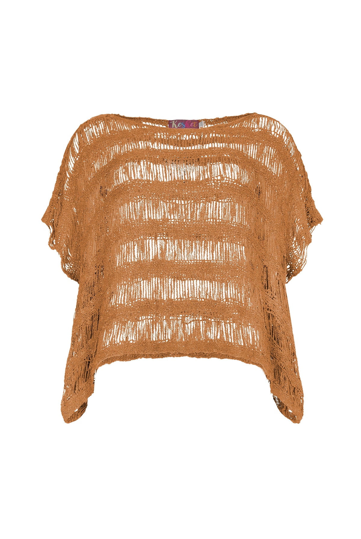 Caramel popcorn-knit top with short sleeves and loose draped neckline