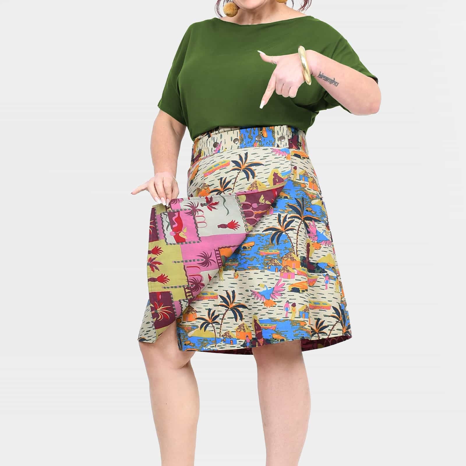 Reversible A-line skirt with cream tropical print and bold colors across skirt