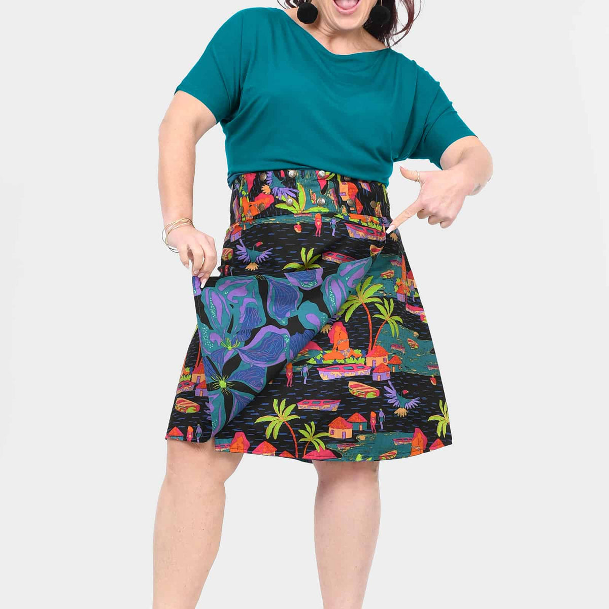 Long button skirt with multicolor tropical print and center button placket