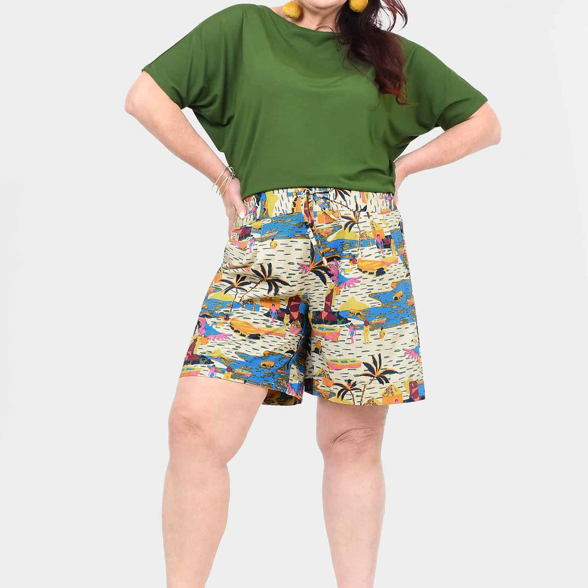 Women’s tropical print shorts with elastic waistband, colorful mid-thigh length