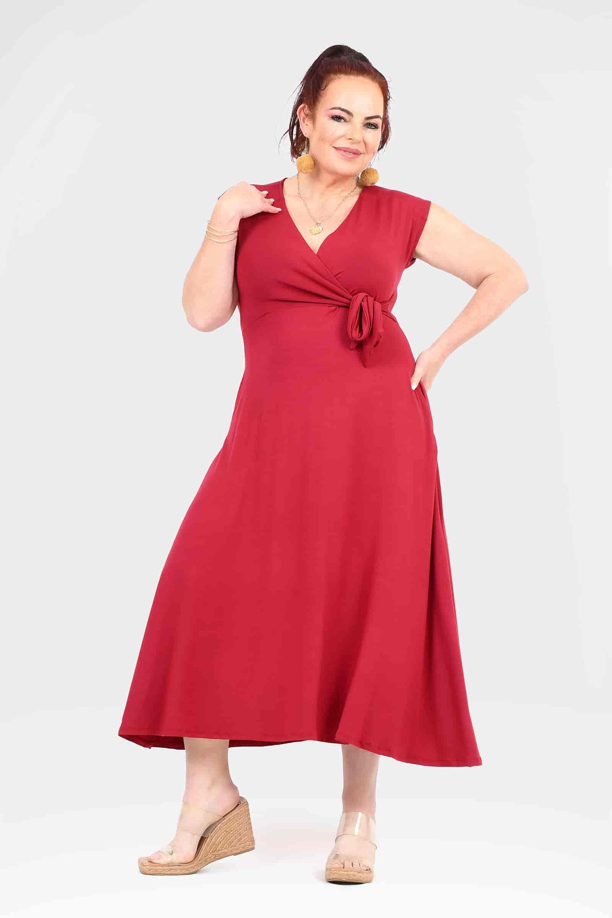 Amelie dress in dark red, V-neck wrap midi with front tie and flare skirt