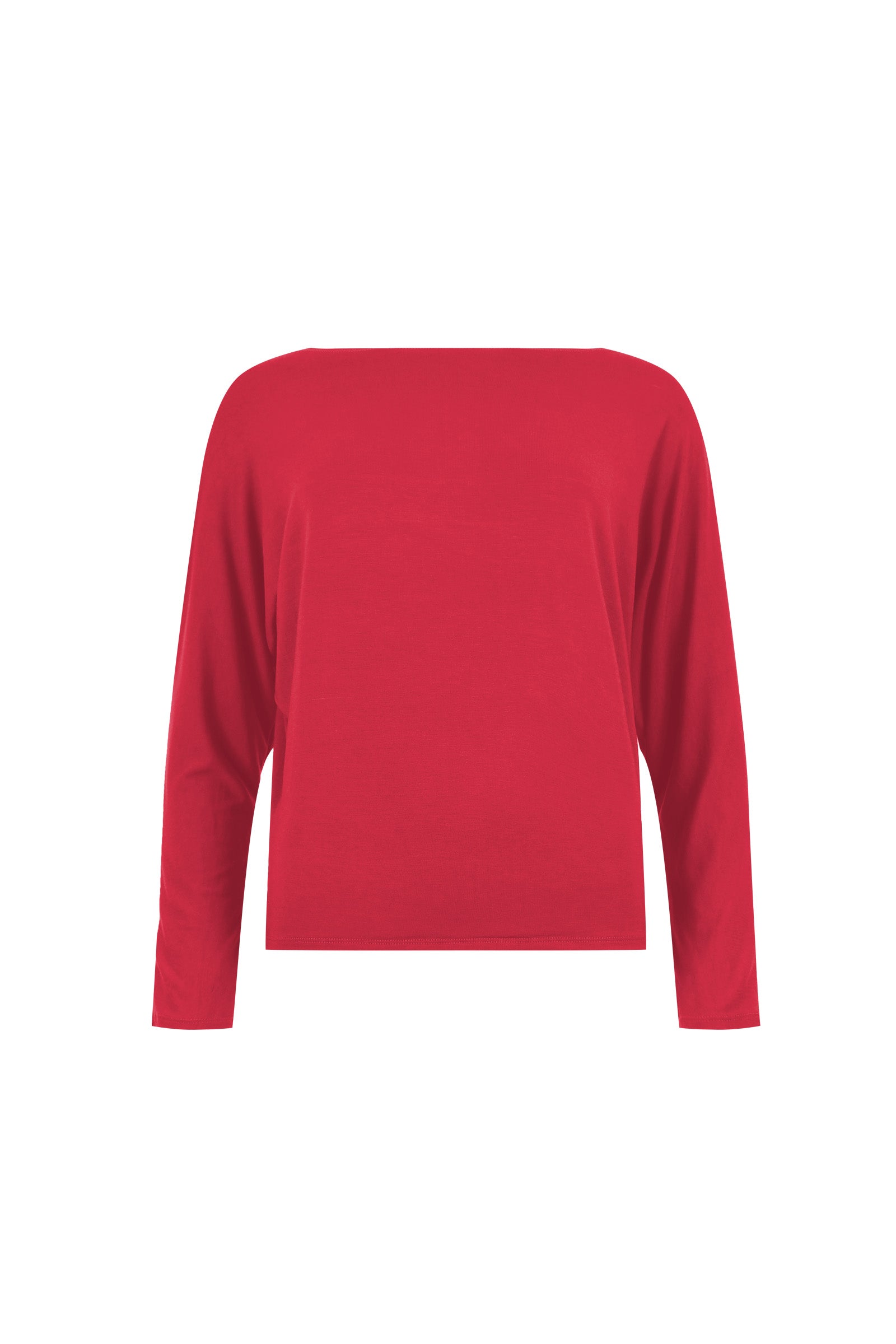 Dark red long-sleeve top with wide round neckline