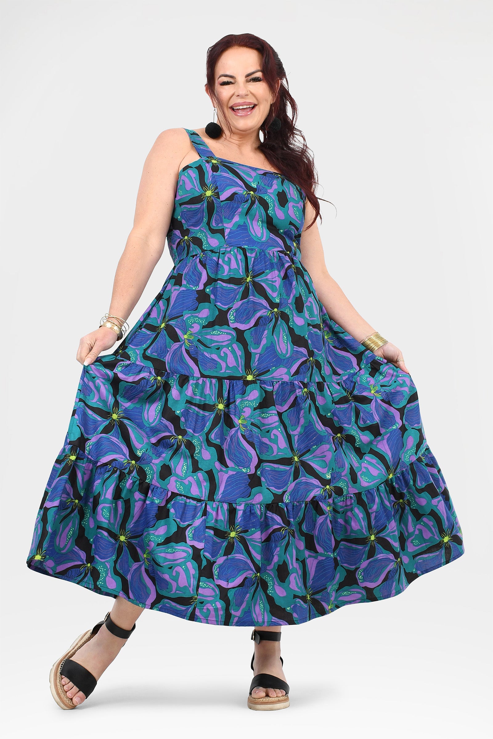 Teal-and-purple tiered ruffle maxi dress, sleeveless, abstract floral print
