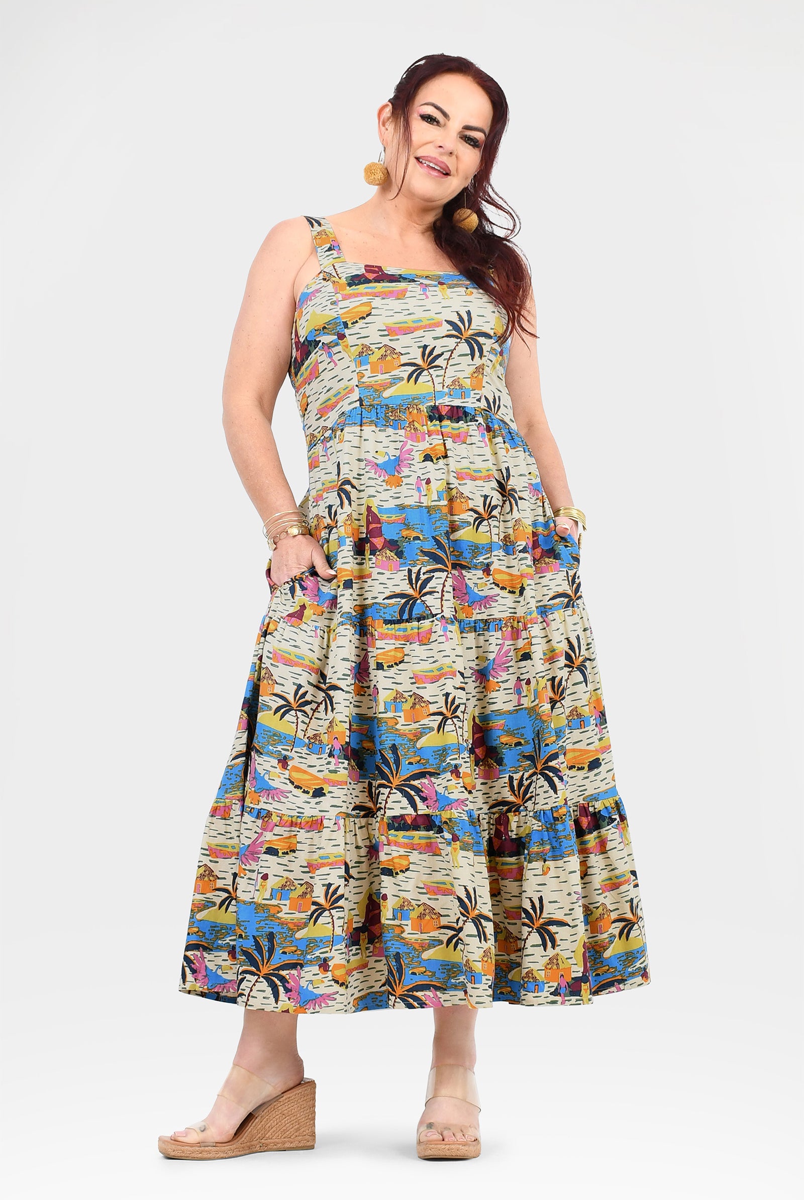 Multicolor tropical print sleeveless maxi dress with gathered waist and flared hem