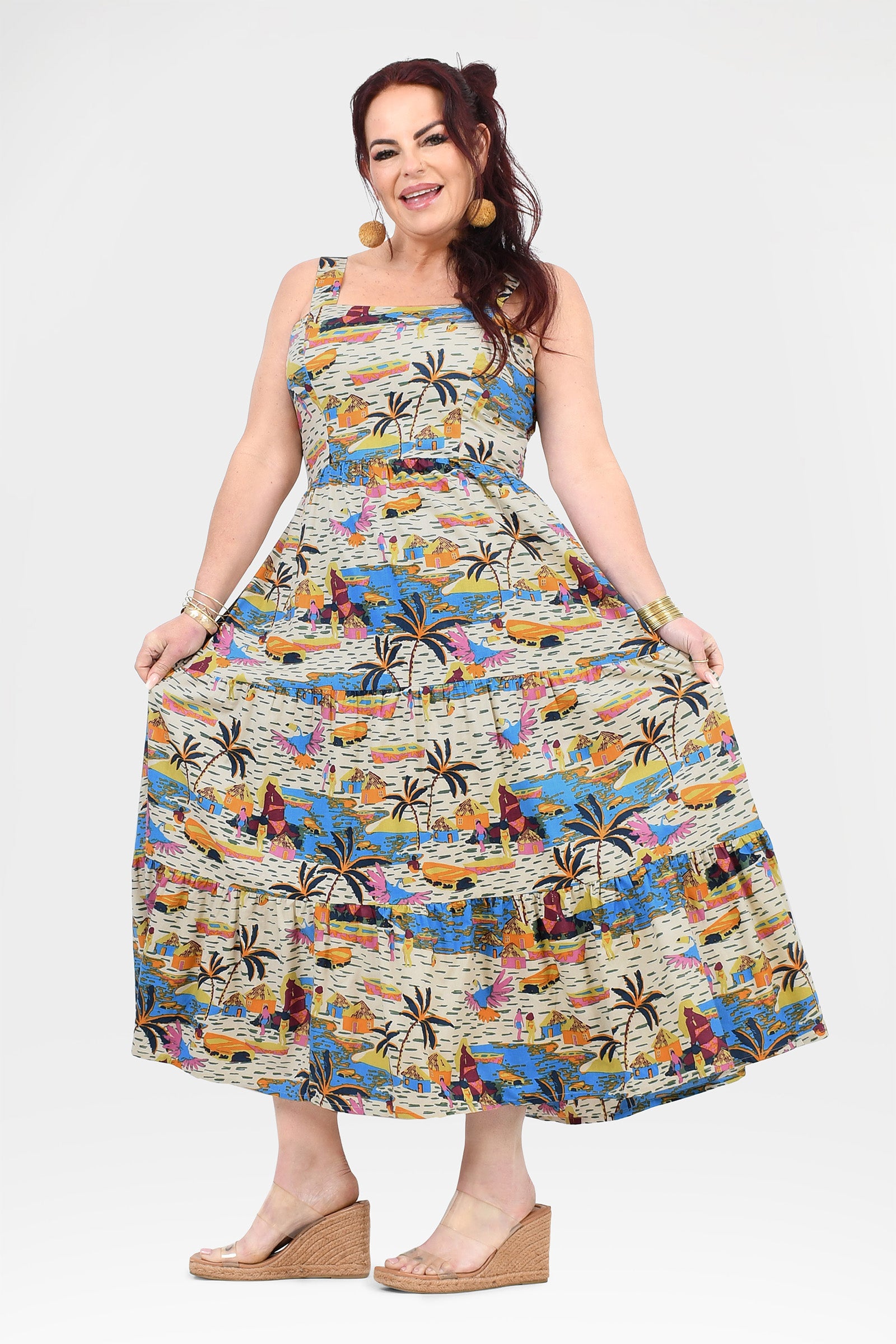 Multicolor tropical print sleeveless maxi dress with scoop neckline and wide flared skirt