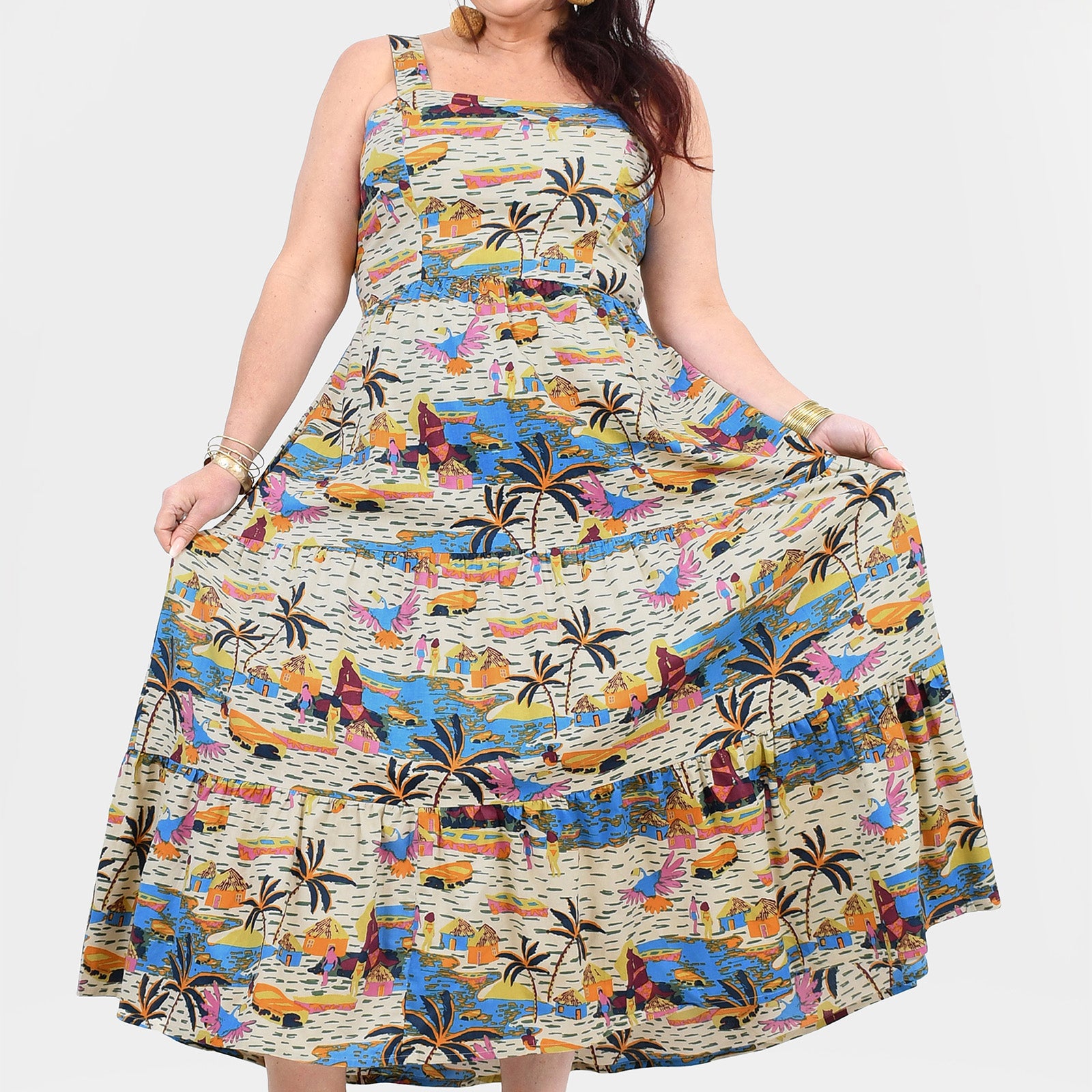 Multicolor tropical print sleeveless maxi dress with flared skirt and gathered waist
