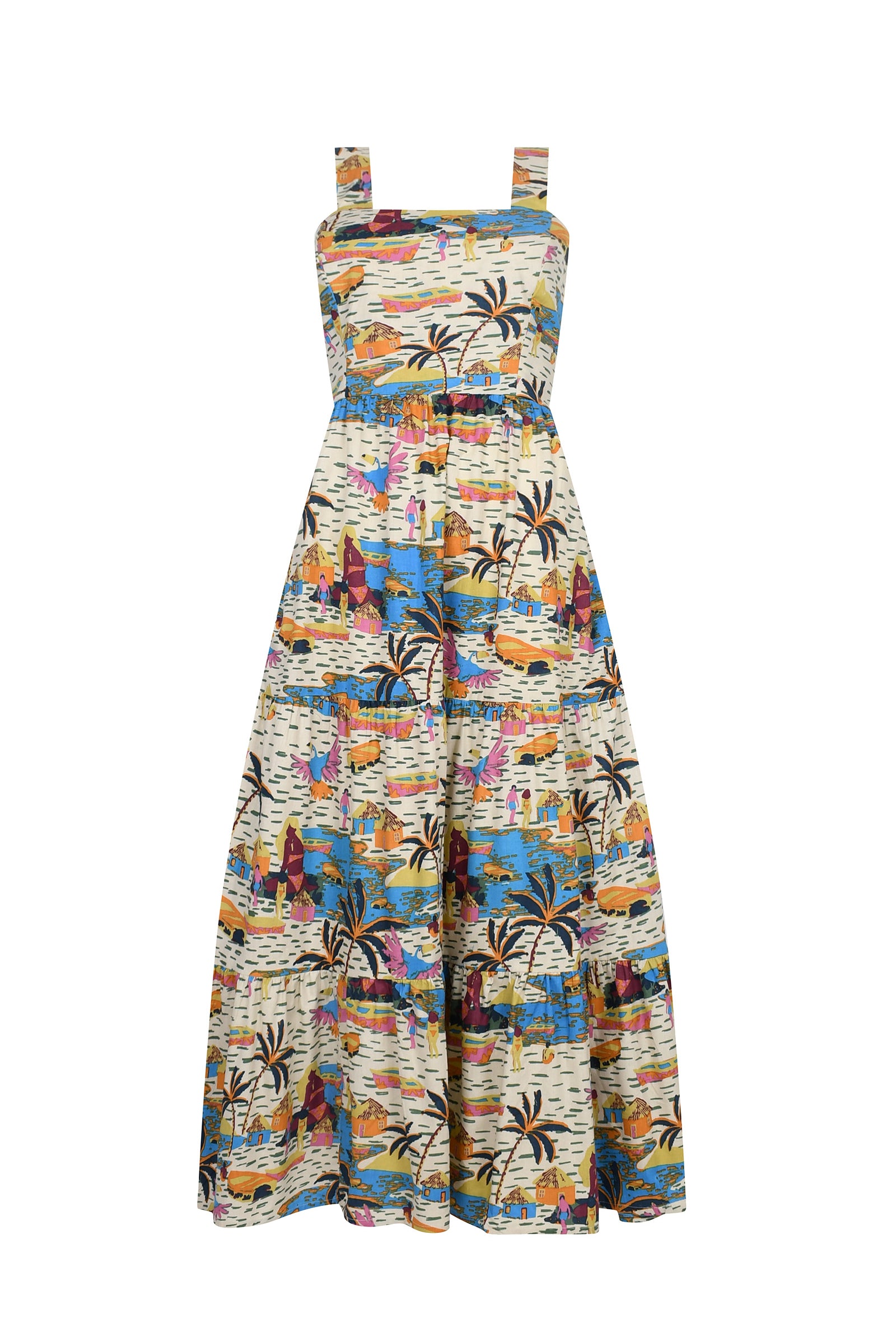SCBM sleeveless maxi dress, white tropical city and leaf print, gathered waist, tiered skirt
