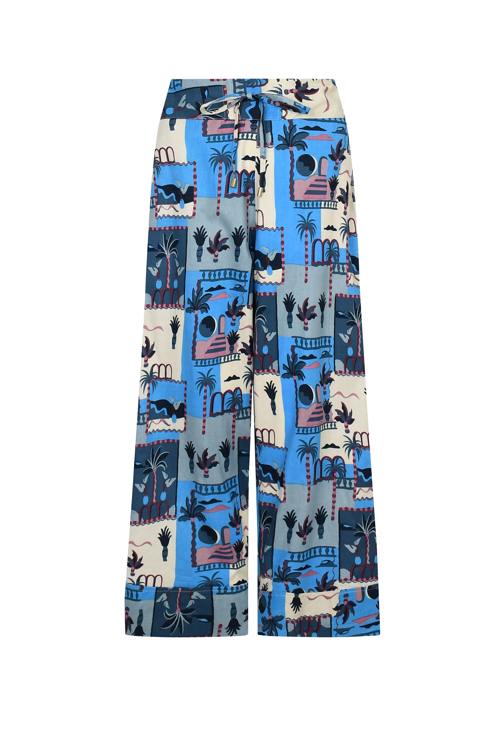 Blue and white printed wide-leg pants with beach animal scene, elastic waist and drawstring