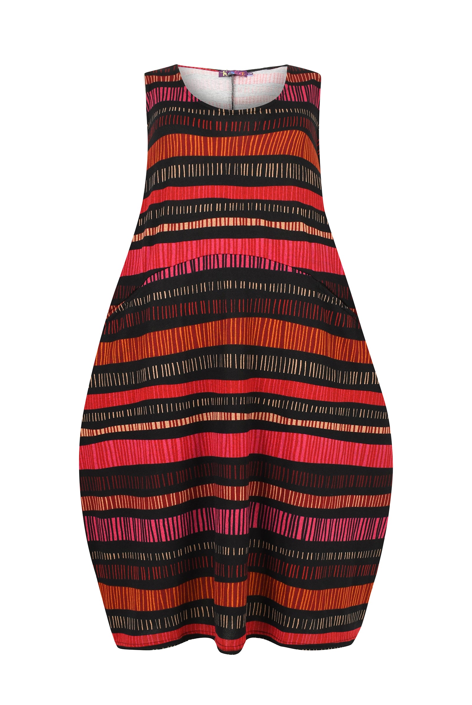 Striped dress with red, black, and orange pattern on a white background