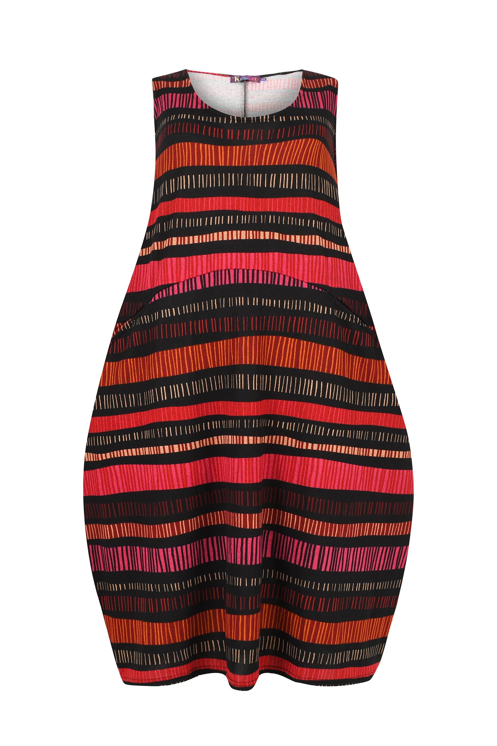 Striped dress with red, black, and orange pattern on a white background