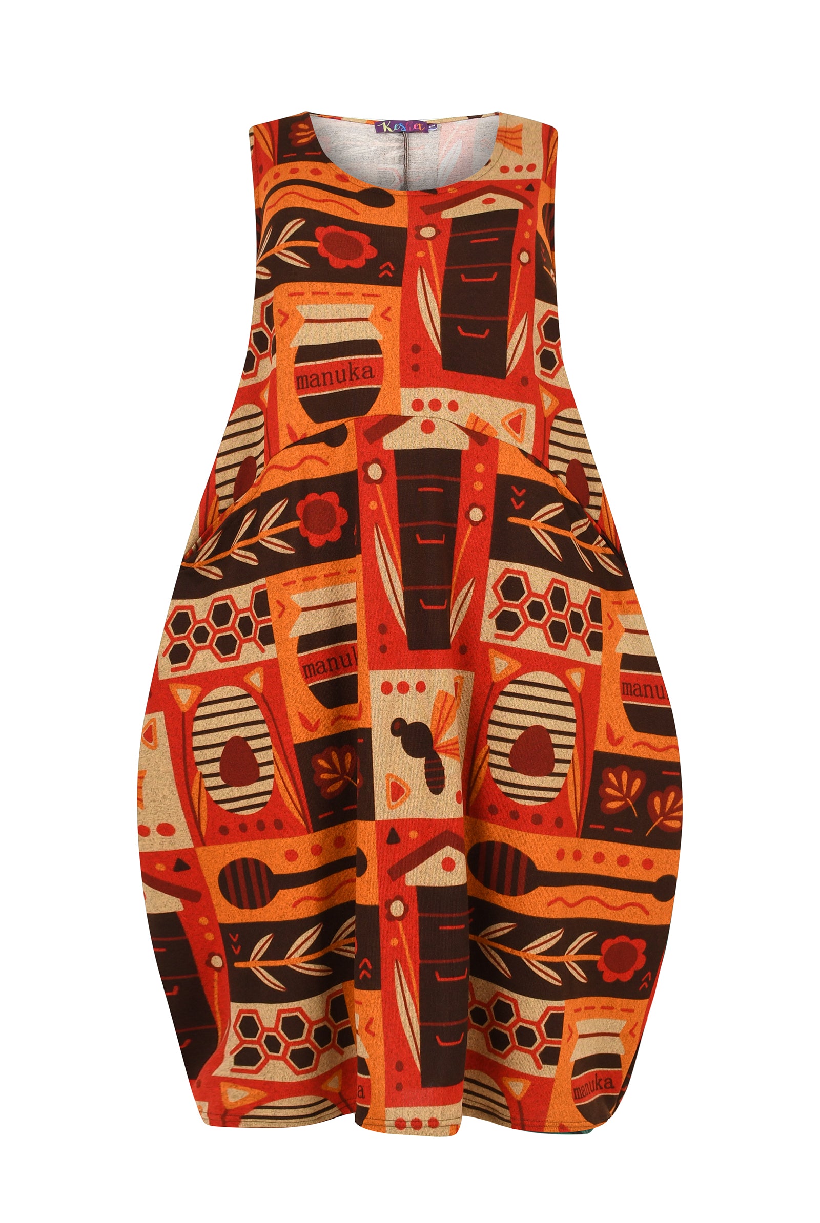 Sleeveless dress with a colorful geometric pattern on a white background