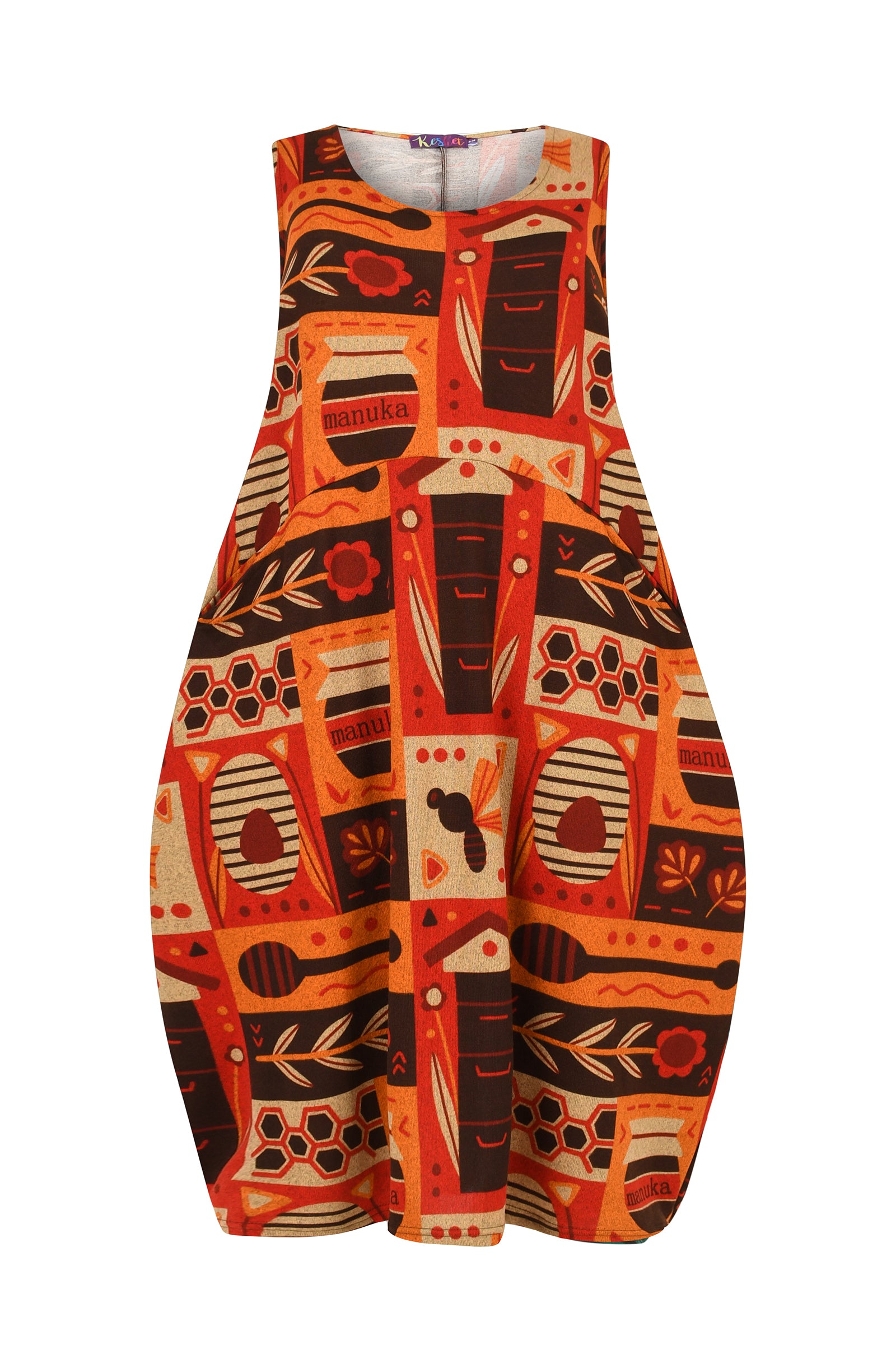 Sleeveless dress with a colorful geometric pattern on a white background