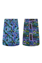 Printed skirt set with blue-purple abstract and multicolor block patterns