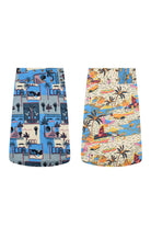 Printed skirt set with blue patchwork motifs and tropical palm scenes