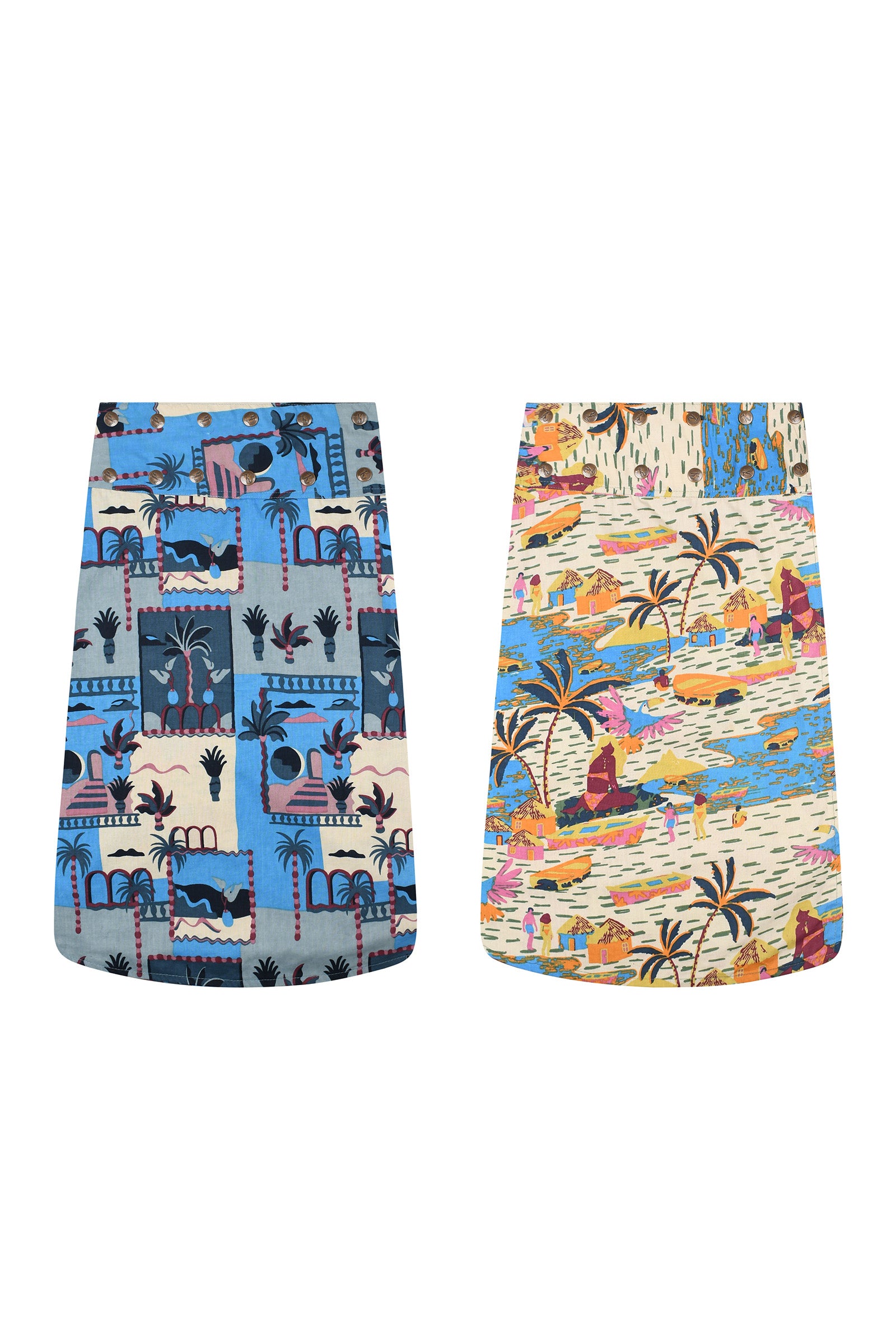 Printed skirt set with blue patchwork motifs and tropical palm scenes