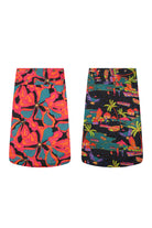 Printed skirt set with pink-red floral abstract and dark tropical landscape