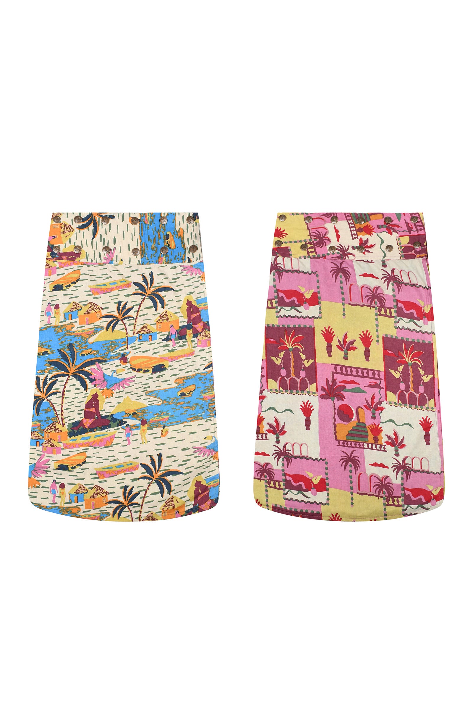 Printed skirt set with beach palm scene and pink illustrated patchwork