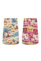 Printed skirt set with beach palm scene and pink illustrated patchwork