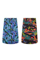 Printed skirt set with blue-purple abstract floral and dark multicolor print