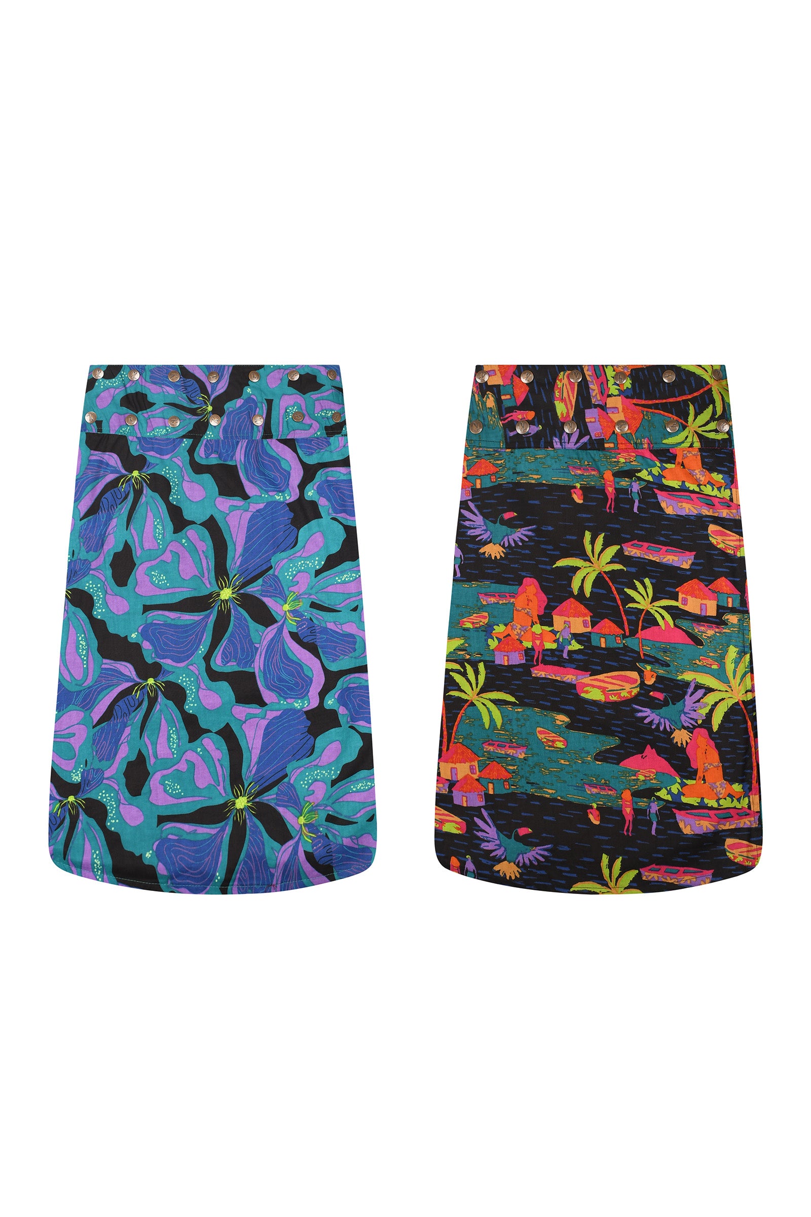 Printed skirt set with blue-purple abstract floral and dark multicolor print
