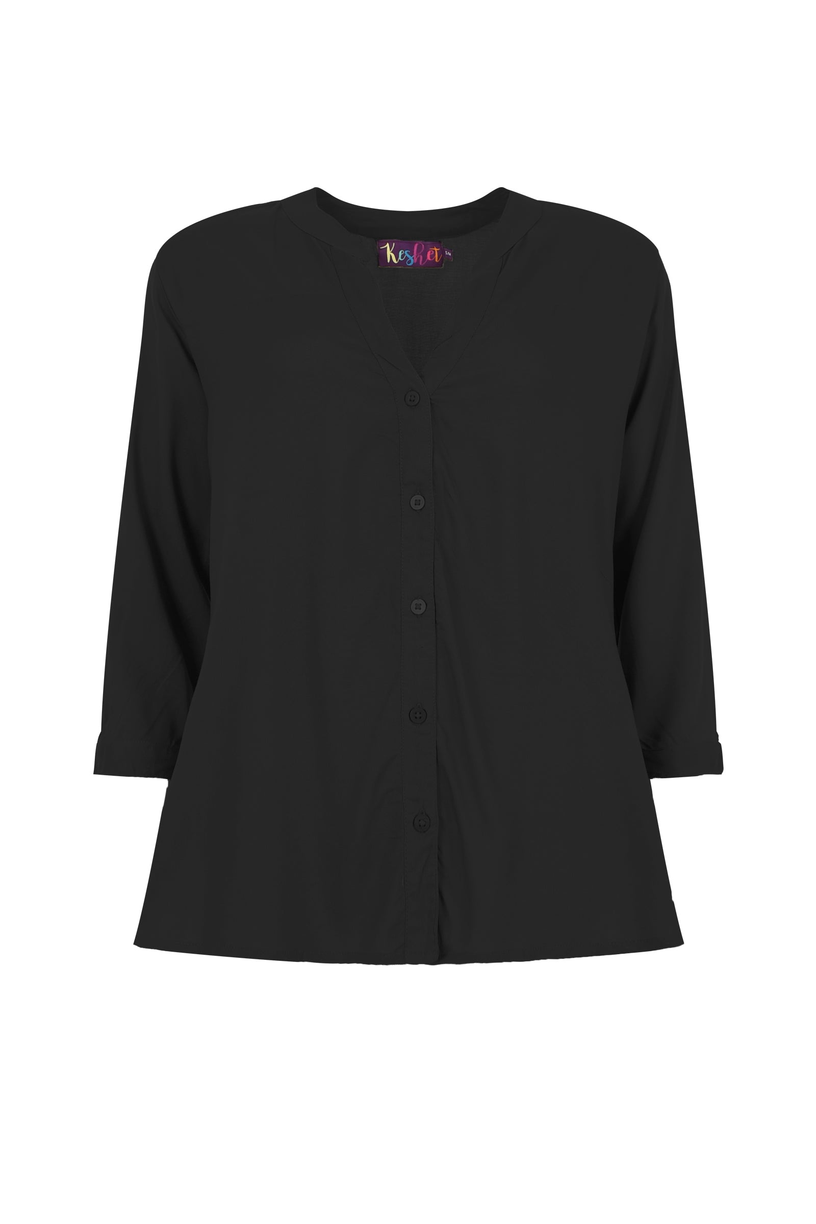 Black Lana top with front buttons and three-quarter sleeves