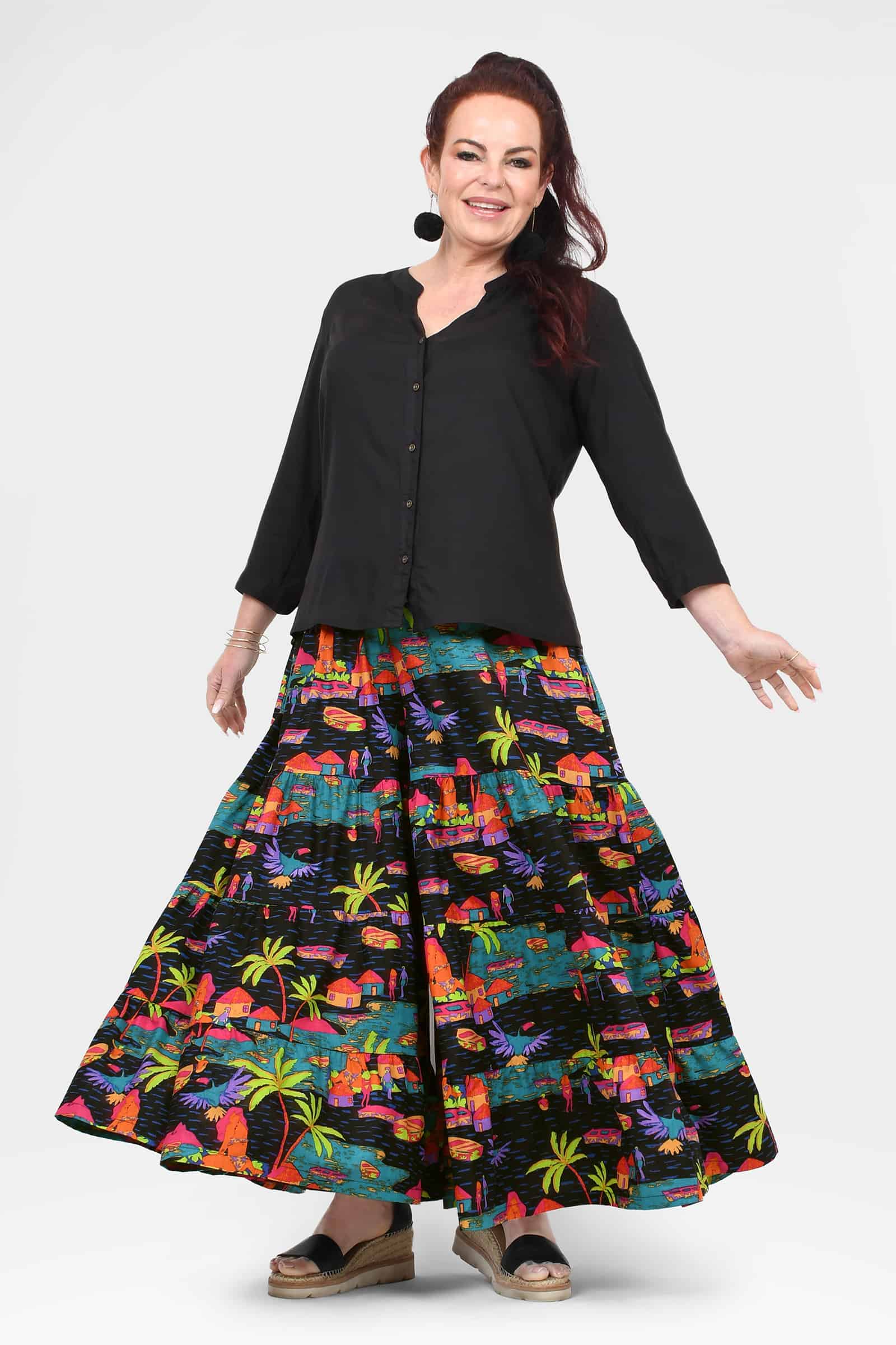 Havana wide-leg pants, colorful tropical print on black, gathered waist, flared legs