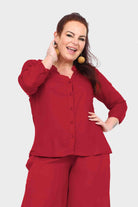 Dark red button-front blouse with three-quarter sleeves, relaxed fit