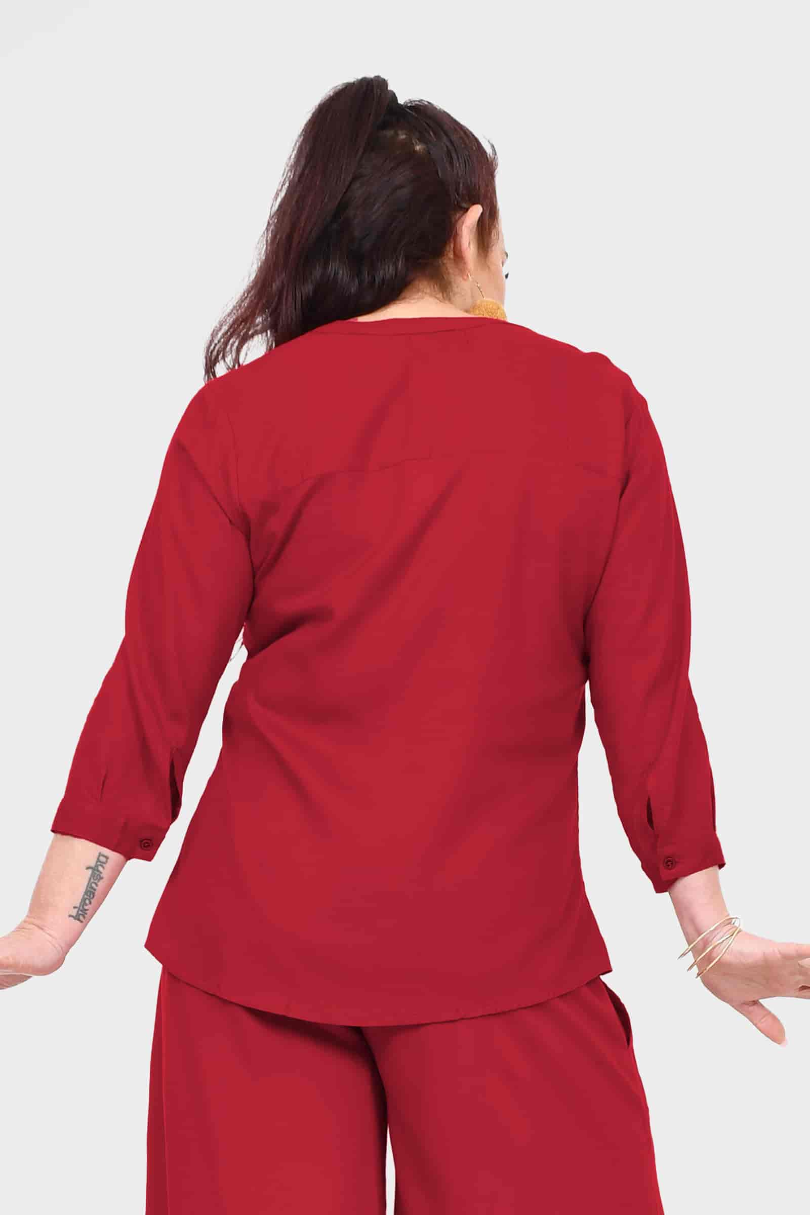 Dark red button-back blouse top with three-quarter sleeves