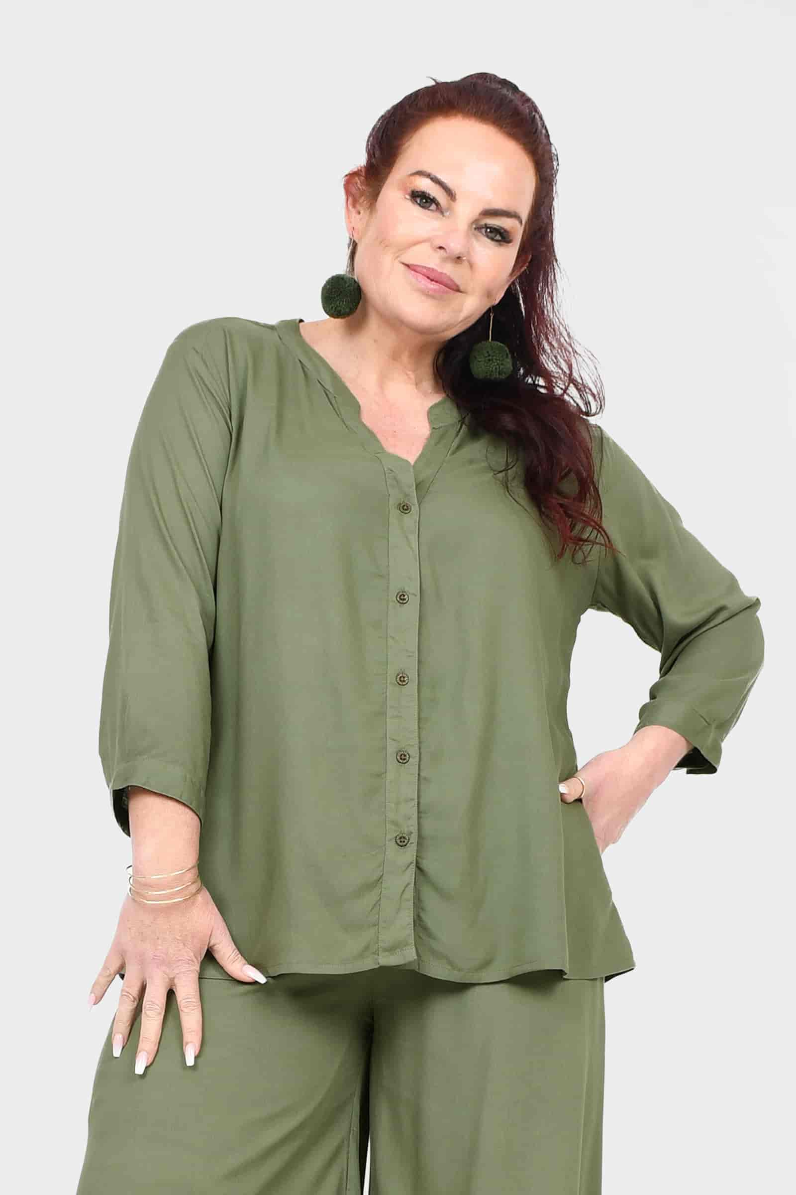 Pistachio Lana top with button-front V-neck and 3/4 sleeves
