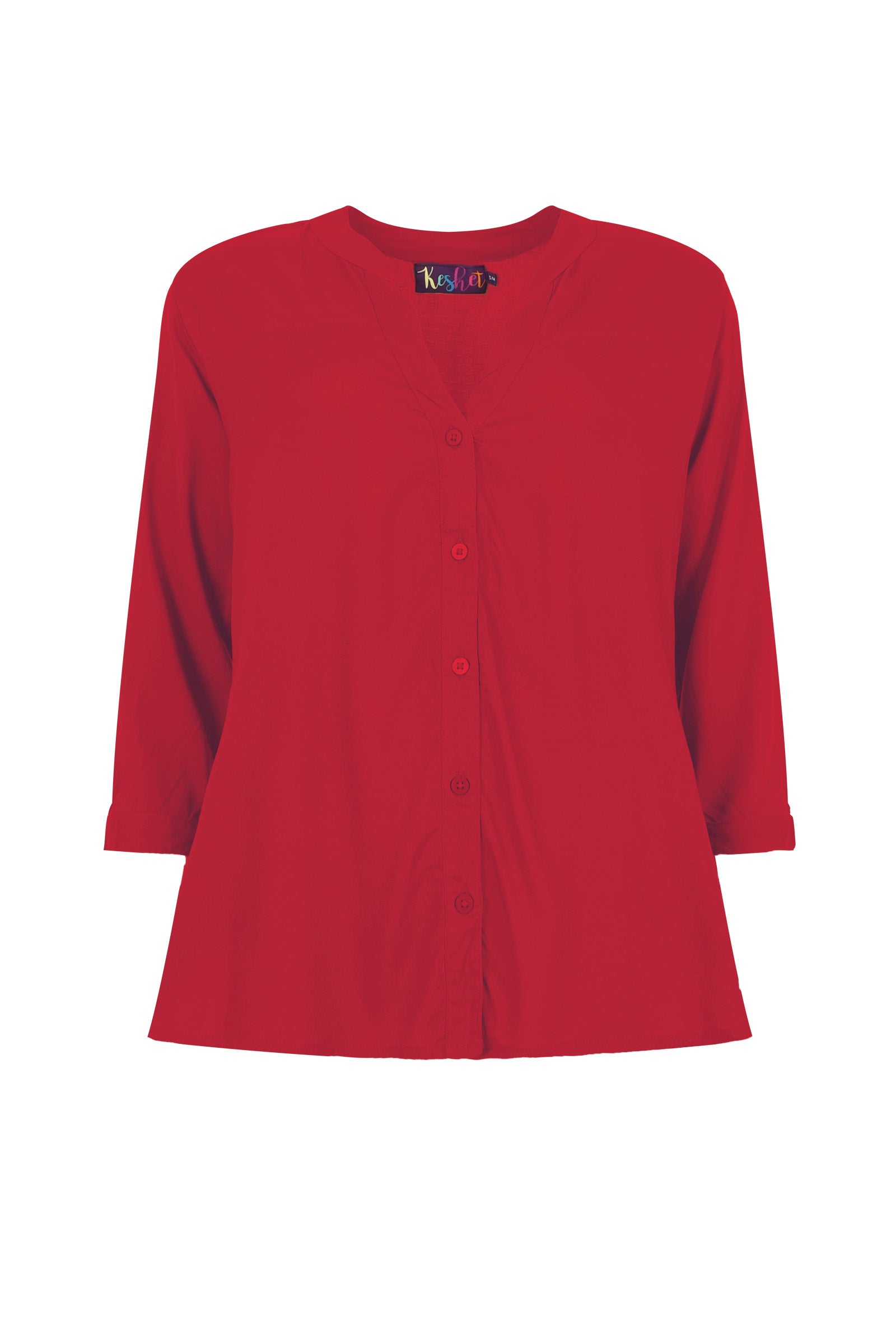 Dark red Lana top with 3/4 sleeves, round neck, button-front placket