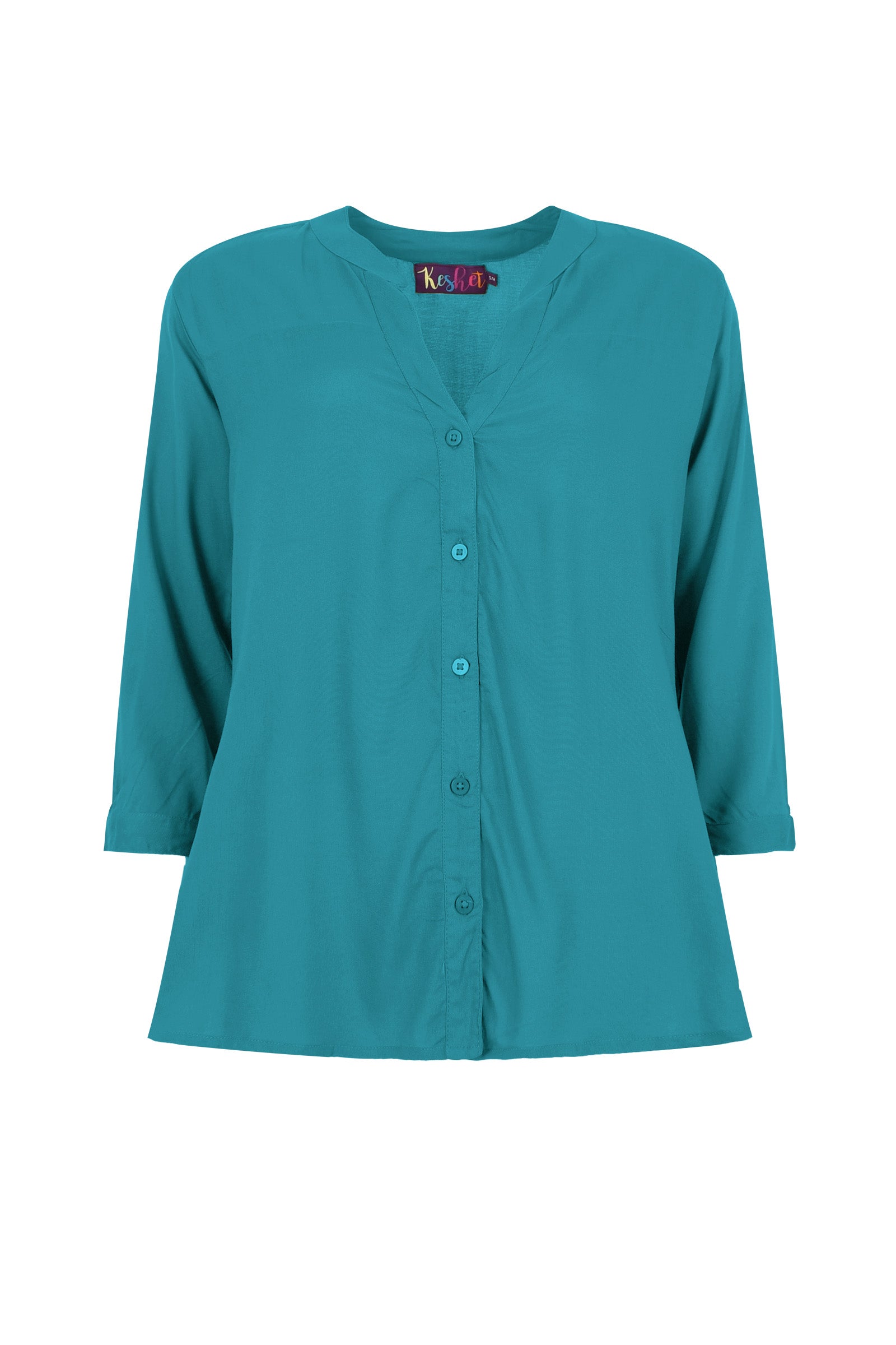 Teal button-front blouse top with quarter-length sleeves and V-neck