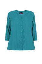 Teal button-front blouse top with quarter-length sleeves and V-neck