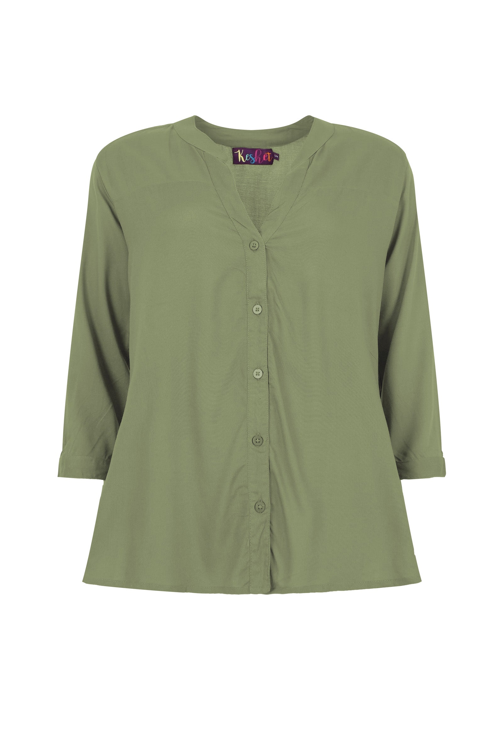 Pistachio green V-neck button-front top with 3/4 sleeves