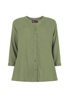 Pistachio green V-neck button-front top with 3/4 sleeves