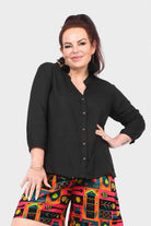 Black V-neck button-front top with 3/4 sleeves