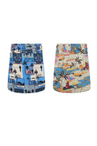 3/4 reversible button skirt, blue and white patterned on one side, multicolor on the other