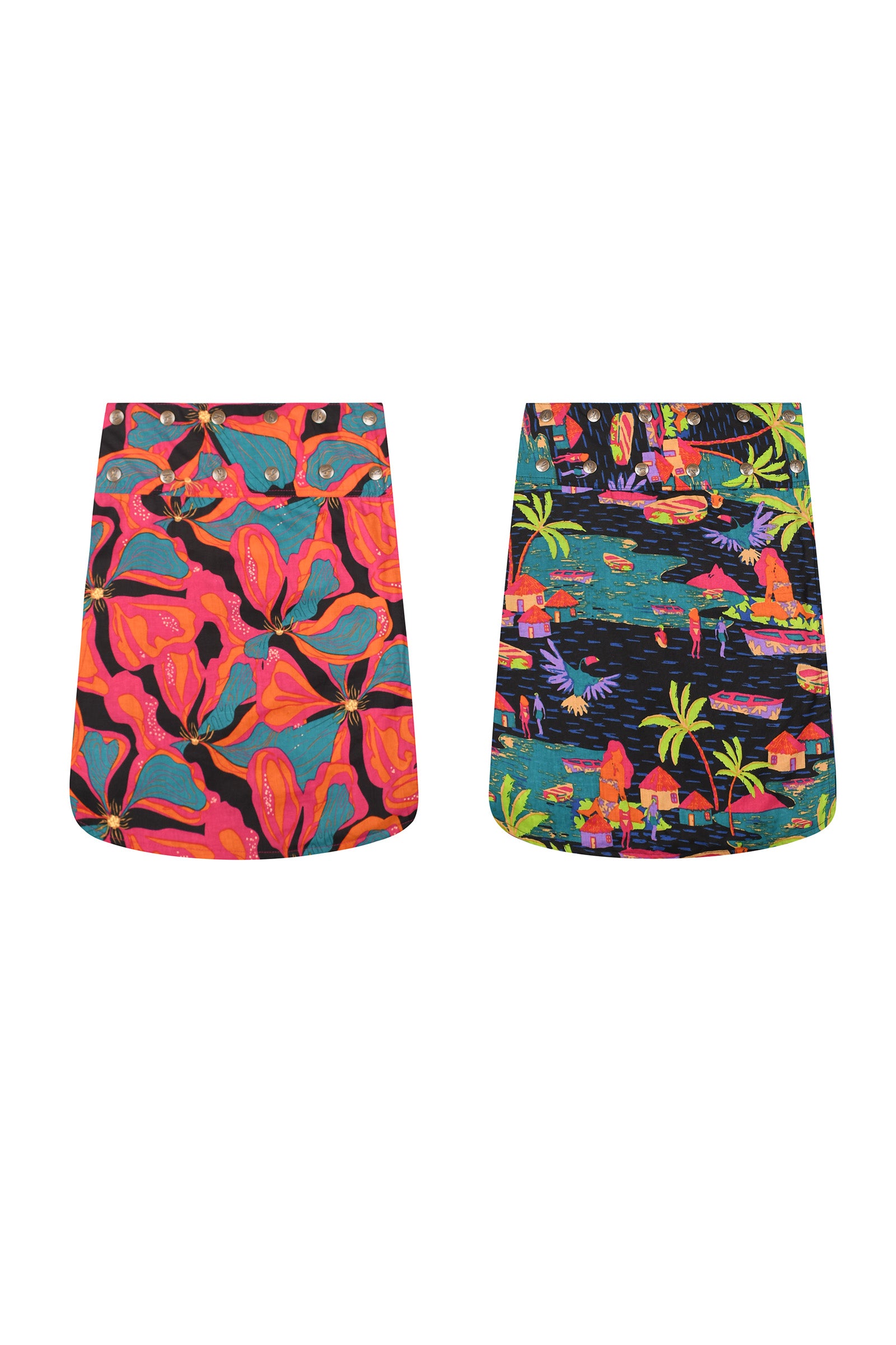 Reversible button skirt with bright abstract tropical print, dark and pink colors
