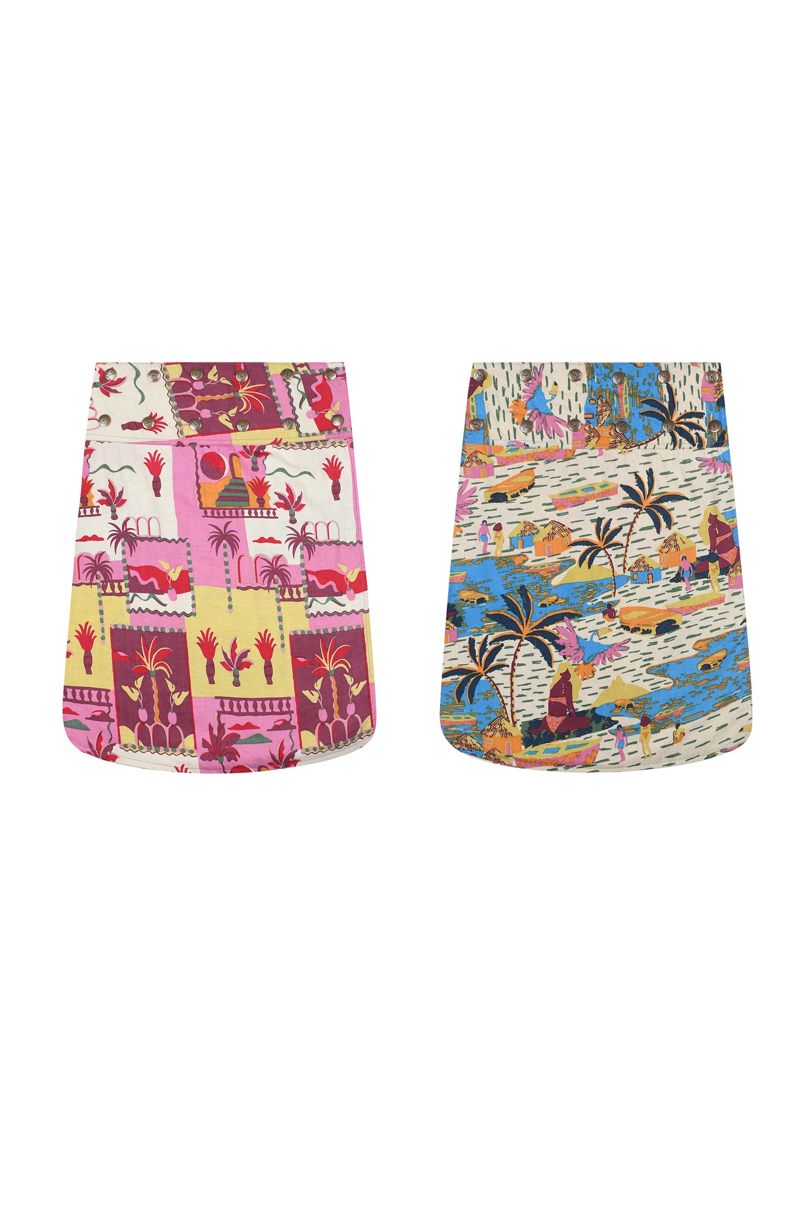 3/4 reversible button skirt with tropical print; pink-and-white and multicolor sides