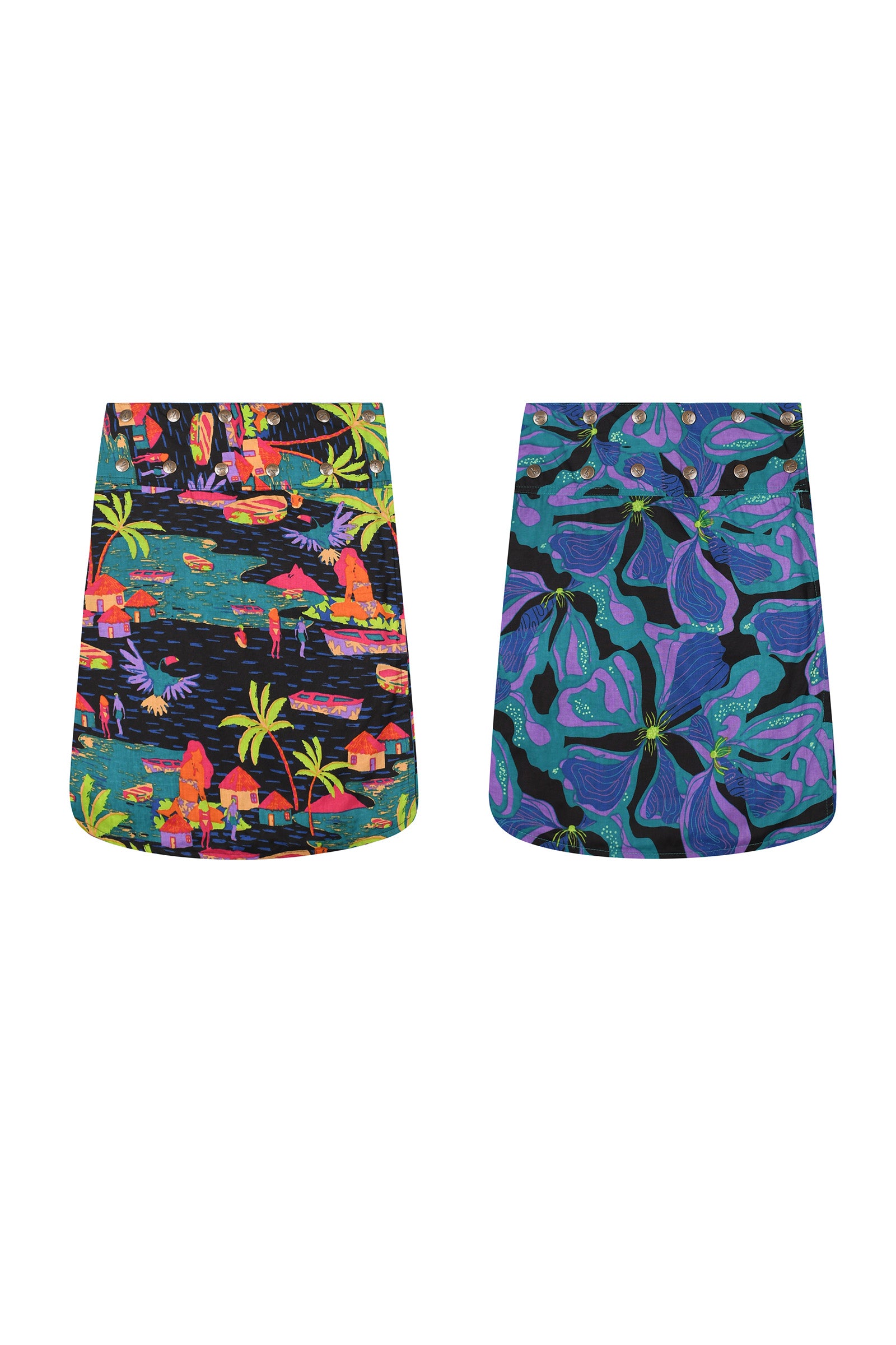 Aluula reversible button skirt, teal tropical print, front button placket