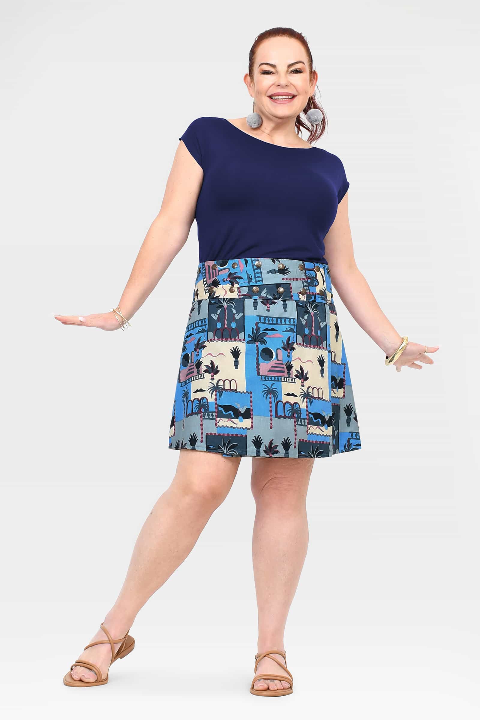 Blue printed short skirt with gathered panels and wide waistband