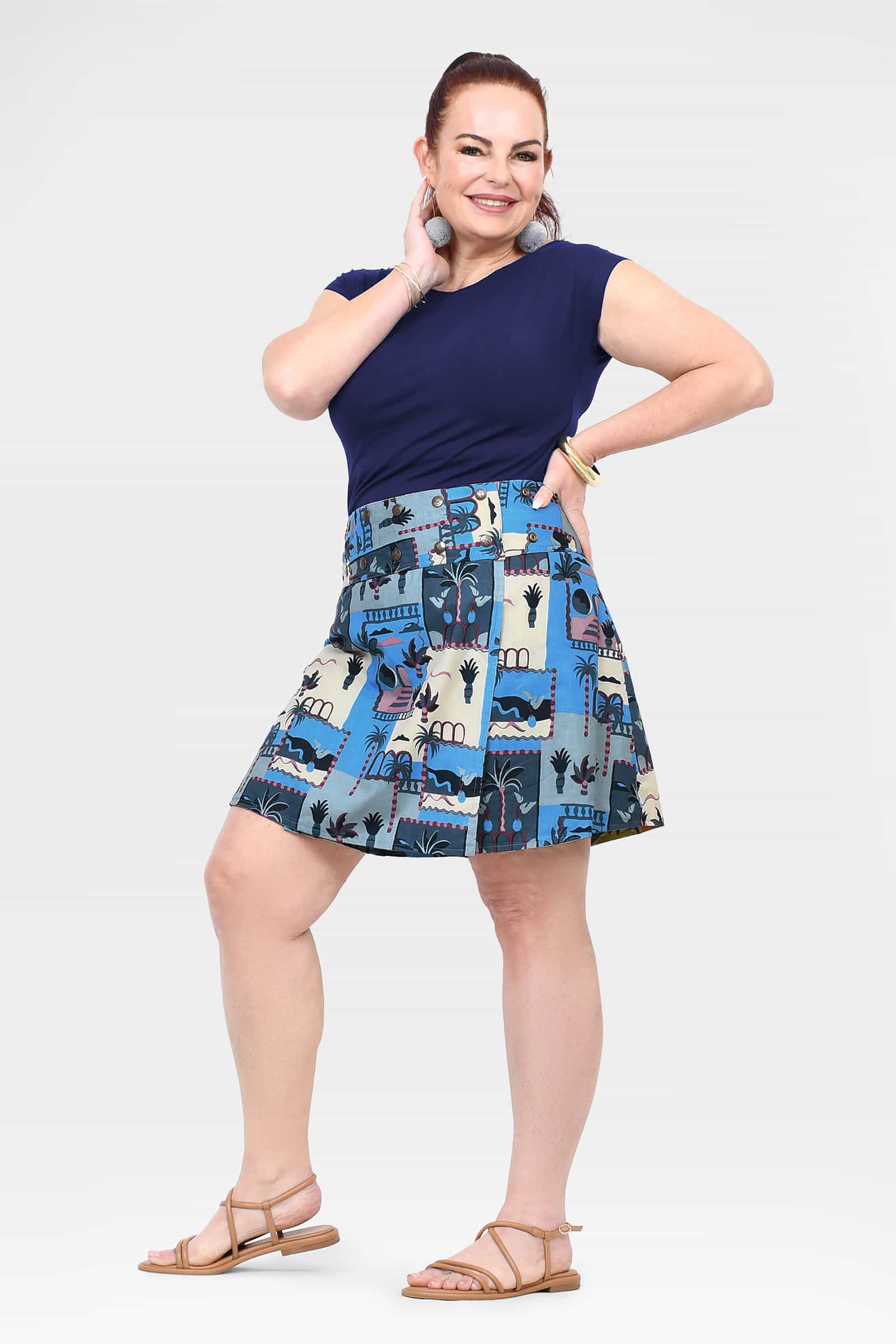 Blue printed short skirt with gathered hem and wide waistband