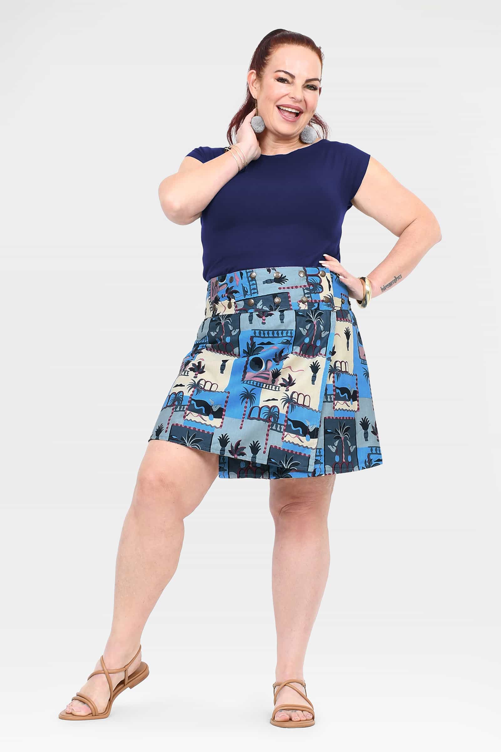 Blue printed short skirt with gathered hem and wide waistband, angled view