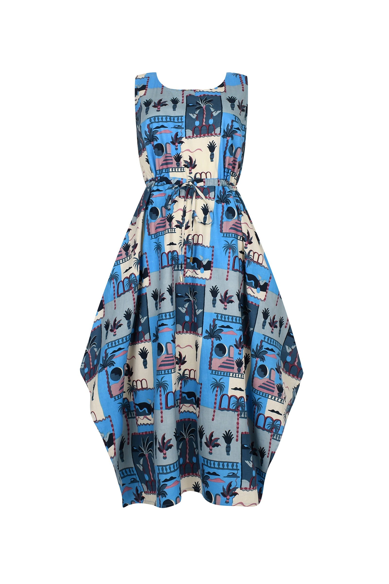 CDSS sleeveless print dress with blue city graphic and gathered waist